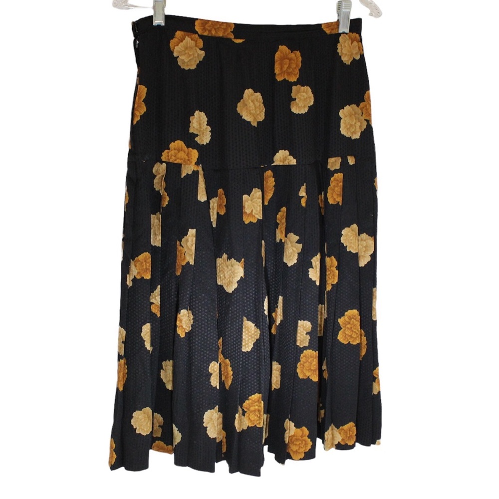 ALBERT NIPON Vintage 100% Silk Midi Pleated Skirt Black Rust Floral 10